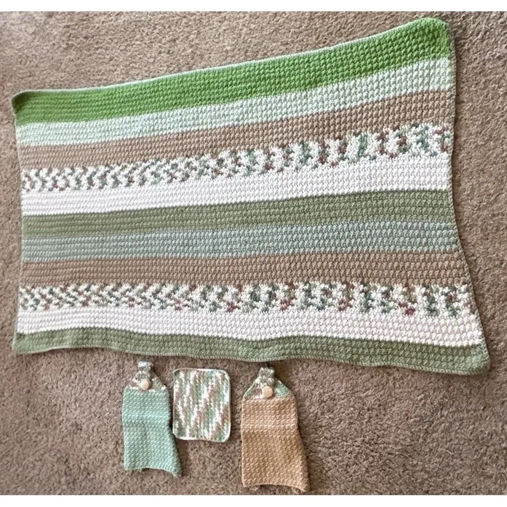 Crochet Afghan Blanket Throw Lap‎ Homemade Colorful Stripe 33x58.5 & Dish Towels